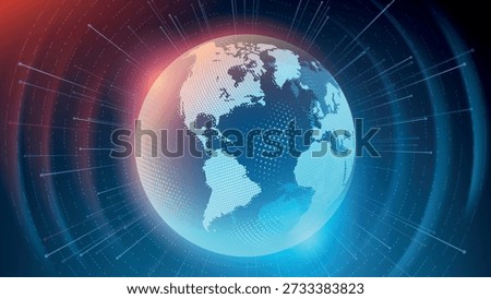Blue abstract futuristic background. Tech vector. Sunrise. Satellites and rockets in orbit of planet Earth. Plasma clot of energy. Glowing rays with flickering particles. Science and technology.