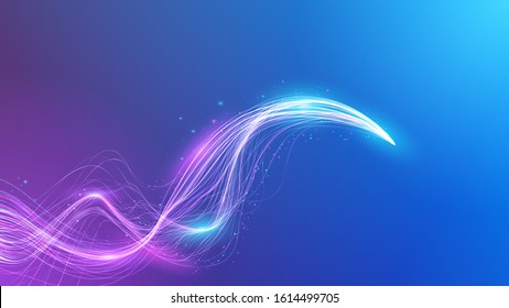 Blue abstract futuristic background. Vector graphics. Plasma clot of energy. Glowing rays with flickering particles. Wave effect. Science and technology. Sound and radio waves.