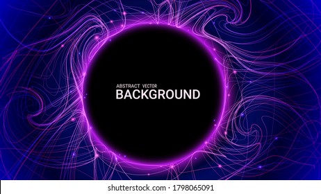 Blue abstract futuristic background. Vector graphics. Plasma clot of energy. Glowing rays with flickering particles. Wave effect. Science and technology. Sound and radio waves.