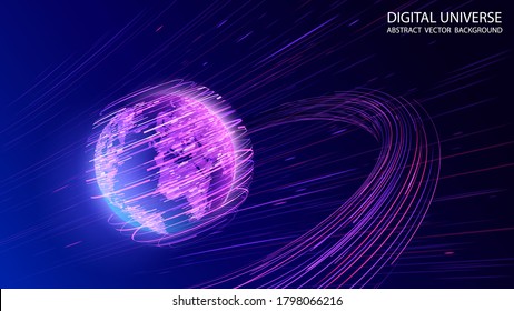 Blue abstract futuristic background. Vector graphics. Plasma clot of energy. Glowing rays with flickering particles. Wave effect. Science and technology. Sound and radio waves.