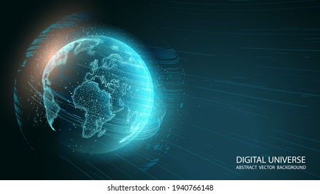 Blue abstract futuristic background. Vector. Luminous planet Earth is moving in outer space. Planet map. Contours of continents from shimmering chaotic particles. Science and modern technologies.