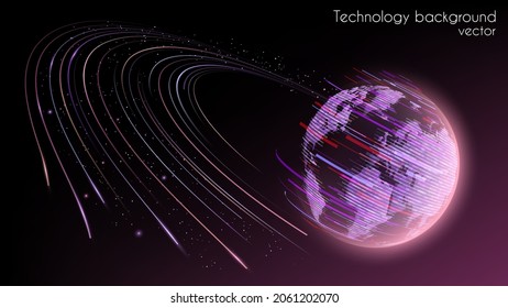 Blue Abstract Futuristic Background. World Map. Planet Earth. Vector. Plasma Clot Of Energy. Glowing Rays With Flickering Particles. Glitch Effect. Science And Technology. Sound And Radio Waves. 
