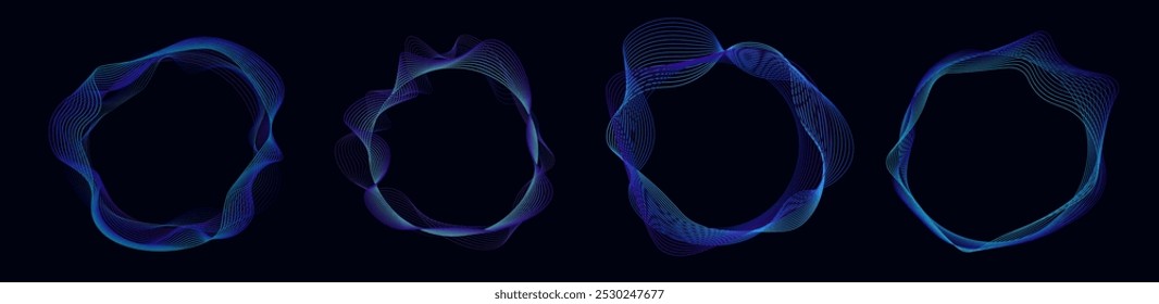 Blue abstract futuristic circle. Set of minimalistic navy blue flow. Wavy chaotic ovals