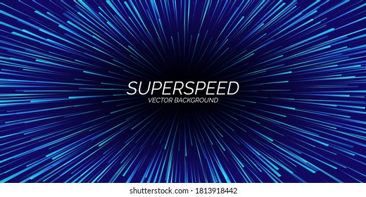 Blue Abstract Futuristic Perspective and Motion Light Background. Star Warp in Hyperspace. Space Jump. Vector illustration