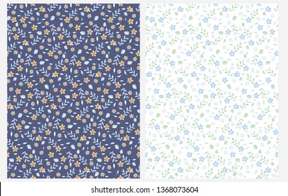 Azul Abstract Garden Vetor Padrões Sem Costura. Flores azuis e douradas isoladas sobre um fundo branco e azul. Design Repetível De Prado Floral Bonito. Flores pequenas e folhas verdes. Impressão Floral Trendy.