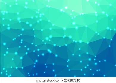 Blue abstract geometric background consisting of colored triangles with lights in corners.