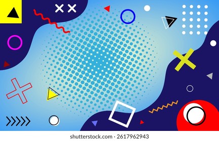 Blue abstract geometric halftone background with gradient colors and memphis shapes