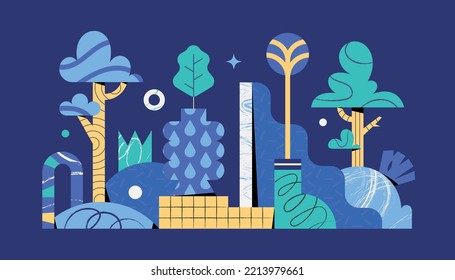 Blue, abstract and geometric landscape, with trees, plants, ceramics and pottery. 