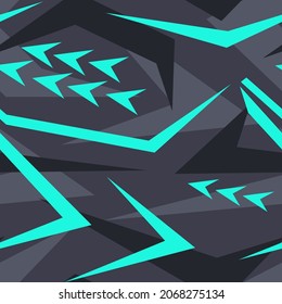 Blaues abstraktes geometrisches, nahtloses Muster mit polygonalen Formen. Modernes digitales Camouflage strukturiertes Racing-Vinyl-Printmuster. Vektorhintergrund.