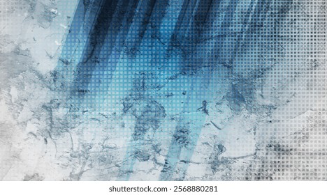 Blue abstract geometric stripes on grey grunge textural background. Vector tech retro design