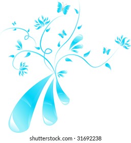 Blue abstract glossy floral design with butterflies