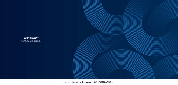 Blue abstract glowing geometric lines on dark blue background. Modern shiny blue circle lines pattern. Futuristic technology concept.