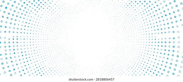 Blue abstract halftone dots pattern radiating from center on white background