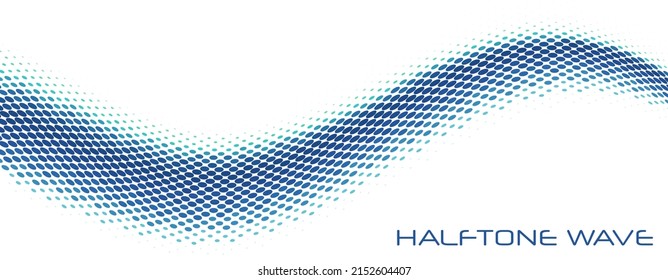 Blue abstract halftone wave on white background. Simple vector graphic pattern