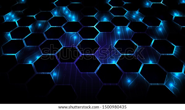 青の抽象的なネットテクノロジー背景 未来的な六角形テクノロジー背景 サイバースペーステクノロジー背景 3d革新的背景 のベクター画像素材 ロイヤリティフリー