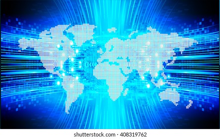 Blue abstract hi speed internet technology background illustration. eye scan virus computer. move motion. vector. world map
