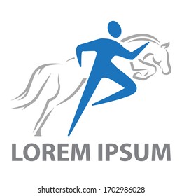 blue abstract human runner and horse in behind him, vector logo template