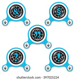 Blue abstract icons and different typographic symbols