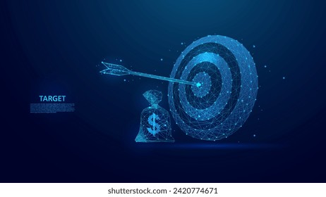 Blue abstract illustration of an arrow hitting the target and a money bag. Ideal for illustrating the concepts of success, achievement and goals. Low poly wireframe style technology blue background.