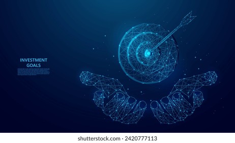 Blue abstract illustration of an arrow hitting the target. Ideal for illustrating the concepts of precision, achievement and goal attainment. Low poly wireframe style technology blue background.