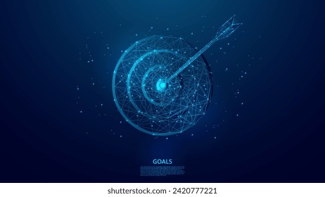 Blue abstract illustration of an arrow hitting the target. Ideal for illustrating the concepts of precision, achievement and goal attainment. Low poly wireframe style technology blue background.