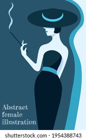 blue abstract illustration of fashion stylized woman in hat and long dress with belt  on blue background 