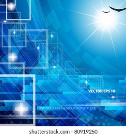 Blue abstract illustration with silhouettes of birds and modern elements.