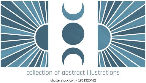 blue abstract illustrations of moon and sun with rough textures