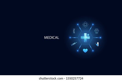 Blue abstract image with futuristic modern science That is blue and light flare, positive health concept For medical and with icons such as atom, brain, DNA, syringe, medicine, heart, background image