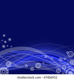 blue abstract industrial background with wavy blue lines, transparent circles and lines