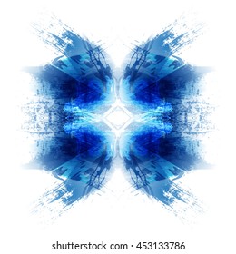Blue abstract kaleidoscope background painted watercolor brush