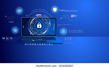 Blue abstract of laptop data security protection concept. Online wifi, shopping, anti virus protection processing system. Cybersecurity with hud UI system interface vector.