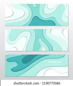 Blue abstract layout - set of paper cut vector posters on white background with place for your information. Lovely texture and sea wave colors. Three banners, flyer, card, invitation templates