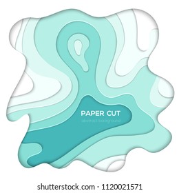 Blue abstract layout - vector paper cut illustration on white background with place for your information or heading. Lovely sea wave texture, color. High quality carving art, card, invitation template