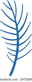 Blue abstract leaf, palm frond graphic design, isolated, white background. Modern geometric shape resembling plant element, decorative flourish, bold strokes. Artistic nature form, illustrative