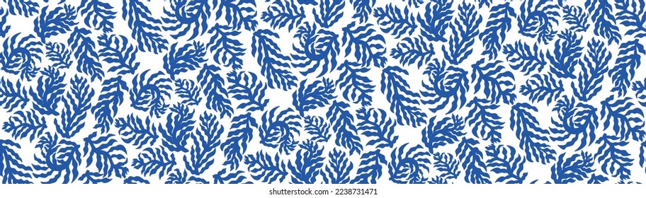 Blue abstract leaves design inspired by Matisse. Abstract foliage, jungle, minimalist, modern. Ideal for textile printing or decoration on object. Vector illustration.