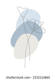 Blue abstract line art floral vector illustration. Contour silhouette flower with abstract geometry color shapes isolated. Outline design for print, beauty branding, card, poster. Minimal drawing.