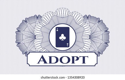 Blue abstract linear rosette with ace of clover icon and Adopt text inside