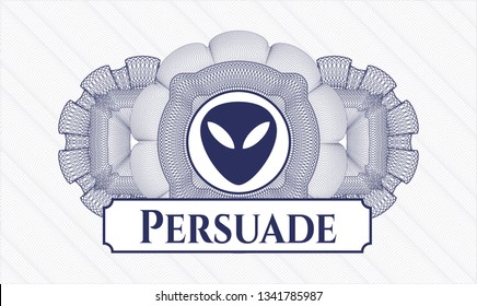 Blue abstract linear rosette with alien icon and Persuade text inside
