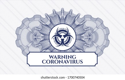 Blaue abstrakte lineare Rosette mit Biogefährdung covid-19-Symbol und Warning Coronavirus-Text im Inneren