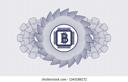 Blue abstract linear rosette with bitcoin chip (cryptocurrency mining concept) icon inside