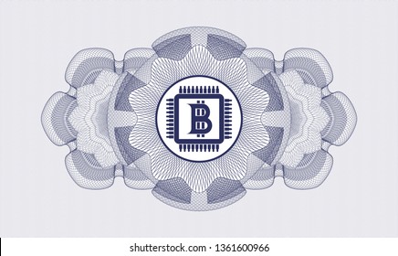 Blue abstract linear rosette with bitcoin chip (cryptocurrency mining concept) icon inside