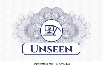 Blue abstract linear rosette with bitcoin mining icon and Unseen text inside