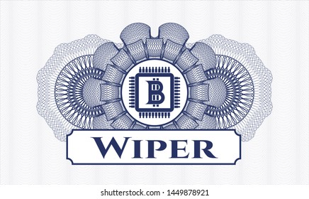 Blue abstract linear rosette with bitcoin chip (cryptocurrency mining concept) icon and Wiper text inside