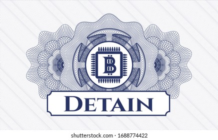 Blaue abstrakte Linearrosette mit Bitcoin-Chip-Symbol (Cryptowährung Mining-Konzept) und Text im Inneren aufzeichnen