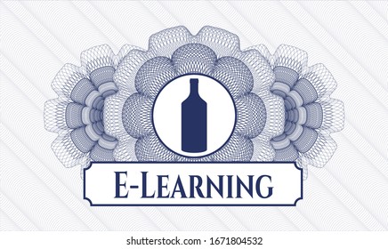 Blaue abstrakte lineare Rosette mit Flaschensymbol und E-Learning-Text im Inneren