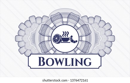 Blue abstract linear rosette with breakfast  icon and Bowling text inside