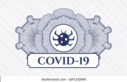 Blue abstract linear rosette with bug icon and COVID-19 text inside