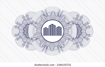 Blue abstract linear rosette with buildings icon inside