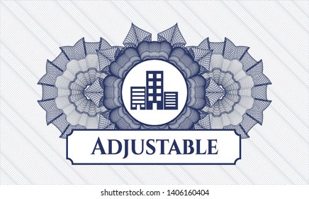 Blue abstract linear rosette with buildings icon and Adjustable text inside